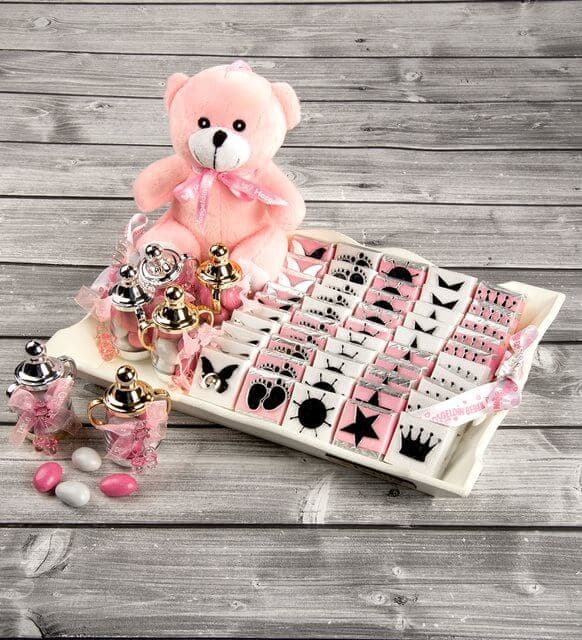Ayıcıklı Dekorlu Kız Bebek Çikolatası Baby Pink Bear