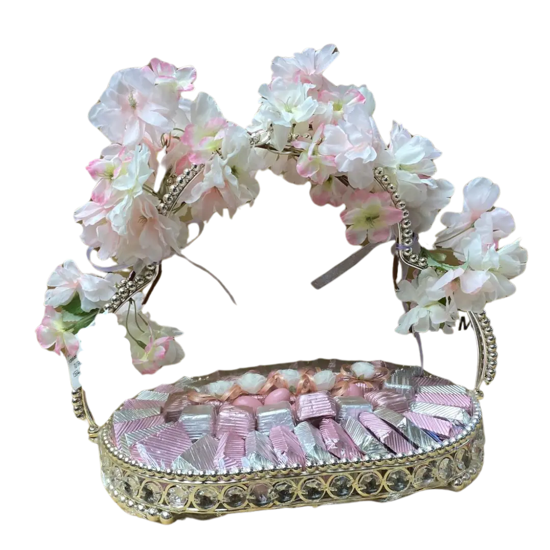 Belçika Çikolatalı Drajeli Çiçekli Gümüş Kız İsteme Tepsisi