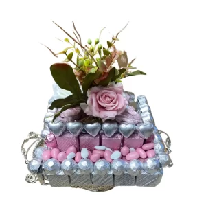 Belçika Çikolatalı Drajeli Çiçekli Gümüş Kız İsteme Tepsisi